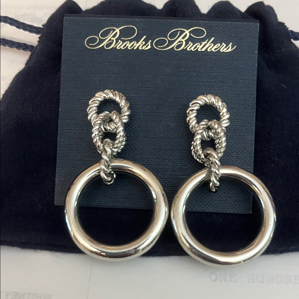 Brooks Brothers Twisted Silver Hoop Earrings W Jewelry Pouch !